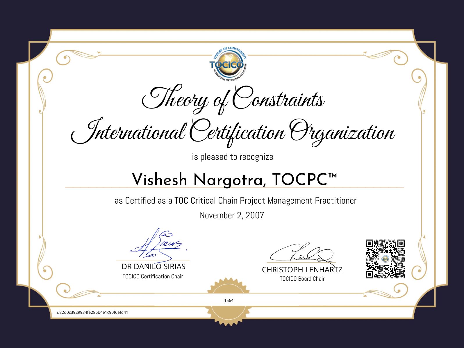 TOCICO certificate for Vishesh Nargotra as a TOC Critical Chain Project Management Practitioner