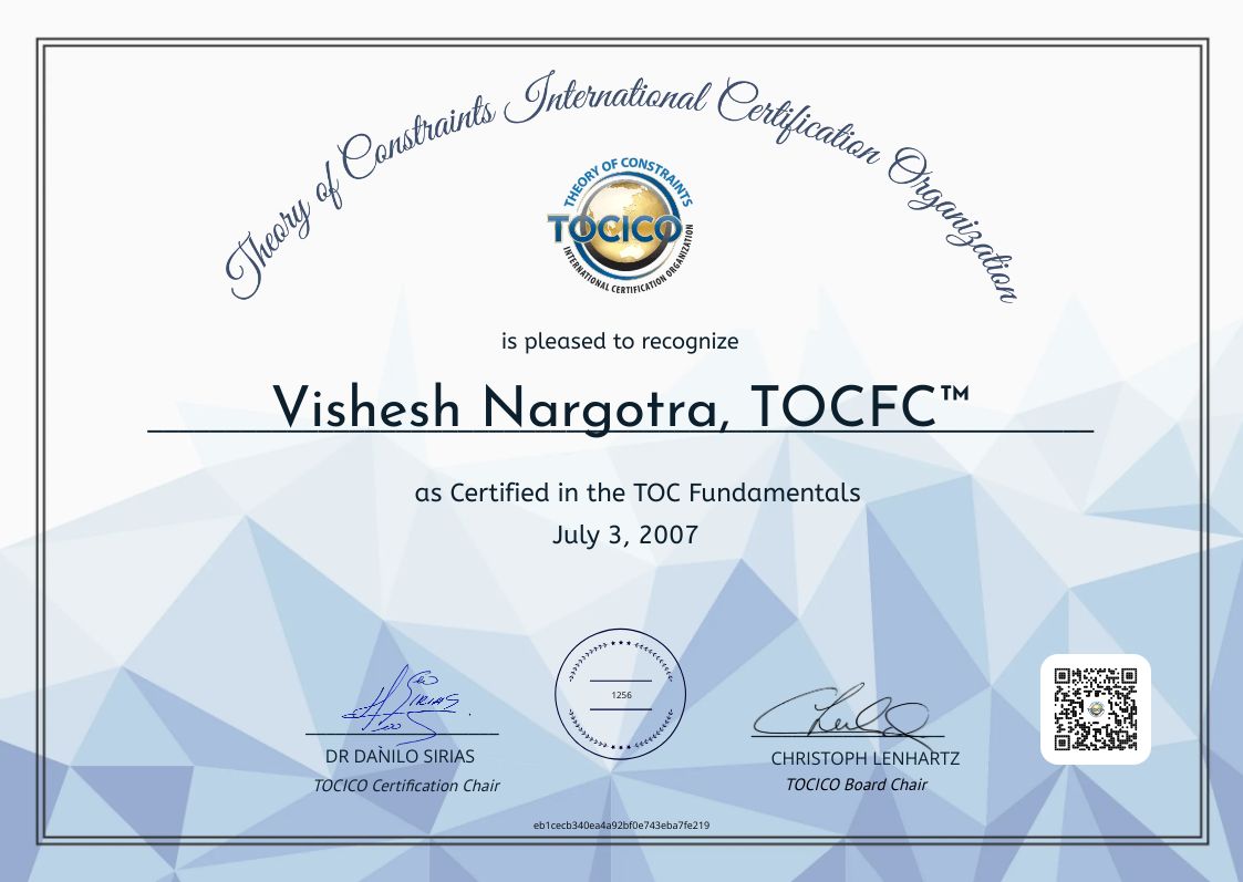 TOCICO certificate for Vishesh Nargotra in the TOC Fundamentals
